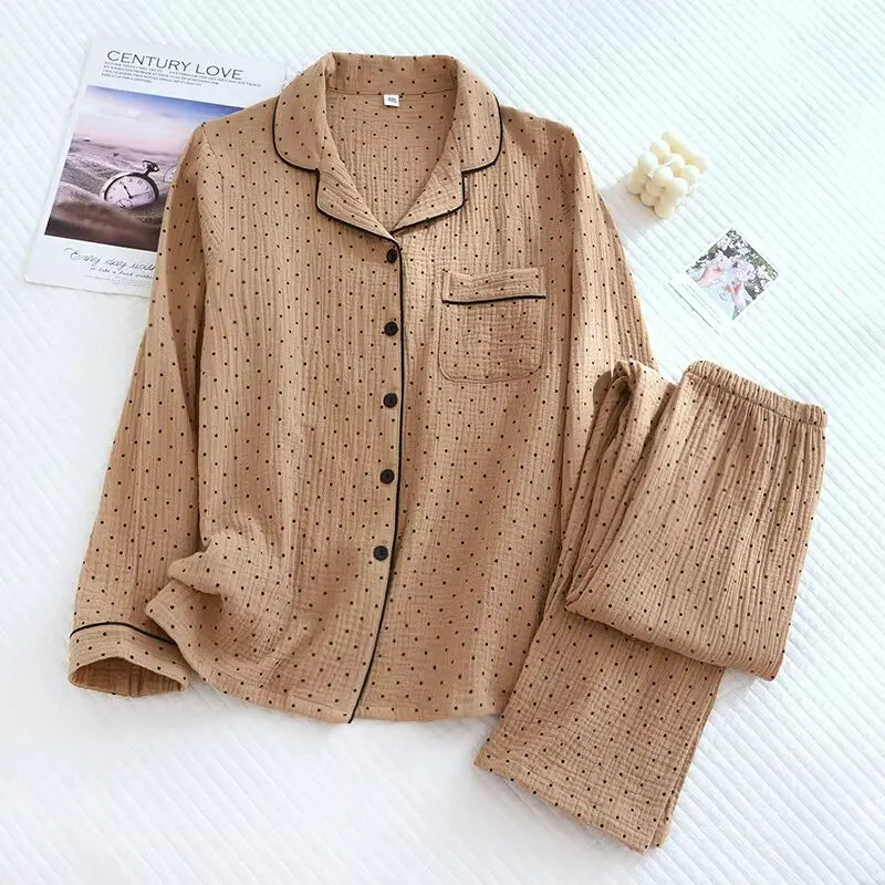 Women's Cute Polka Dot 100% Cotton Crepe Long-sleeved Trousers Two-piece Pajama Set