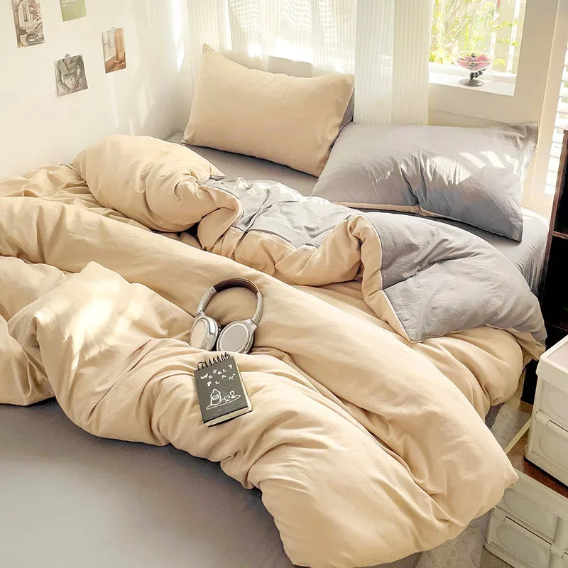 Linen Cotton Bedding Set 4pcs with Sheet Duvet Cover Pillowcases & Bedsheet