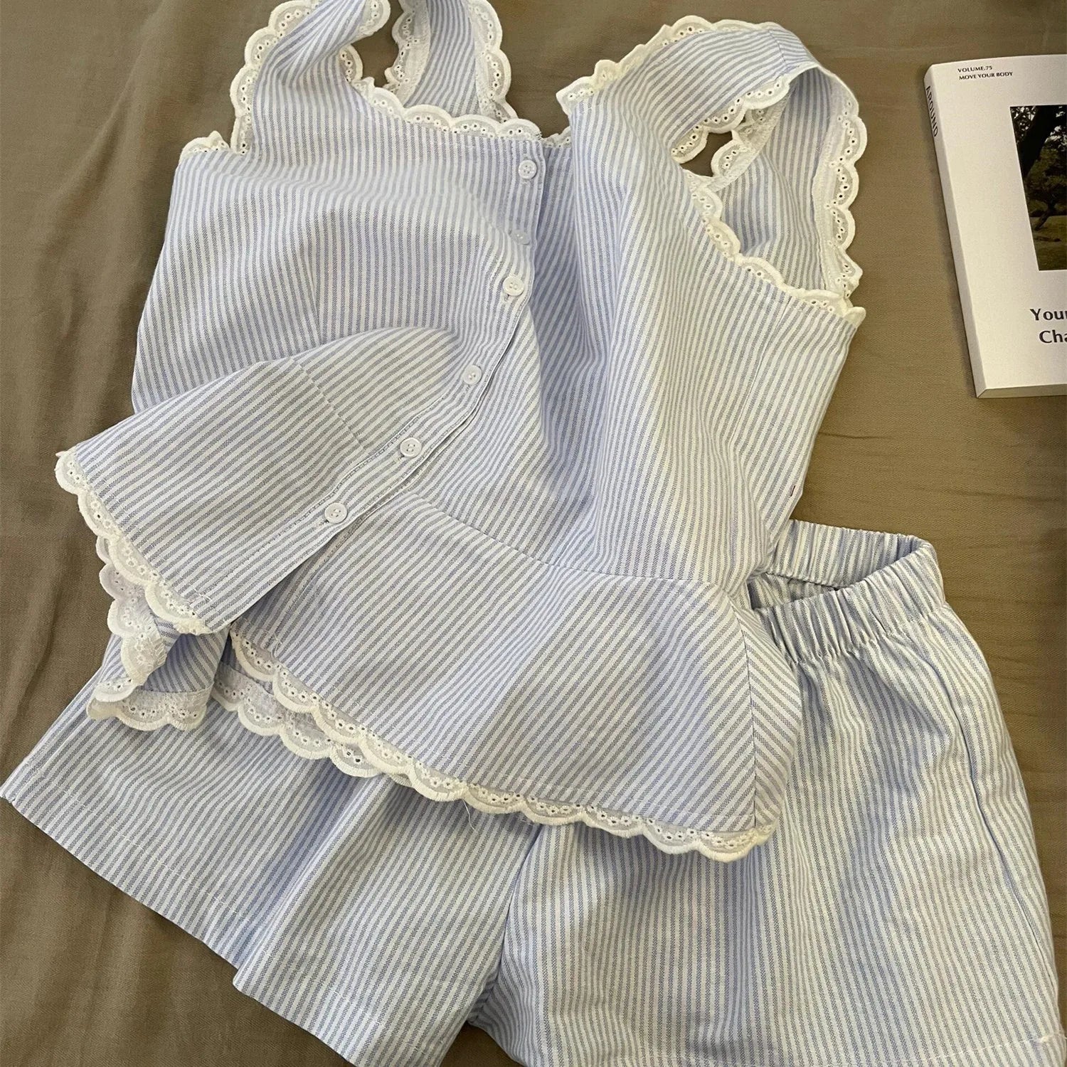 Striped Women Summer Sleeveless Shorts Sets 2 Pieces Lace Night Wears