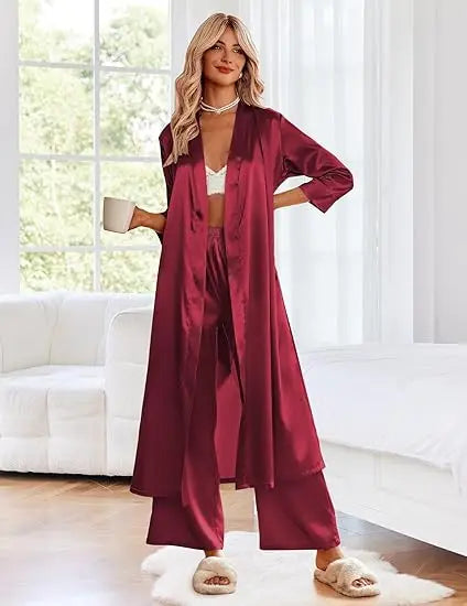 Satin Robe Belted Elegant Solid Color Silky Comfort Bathrobe Loungewear