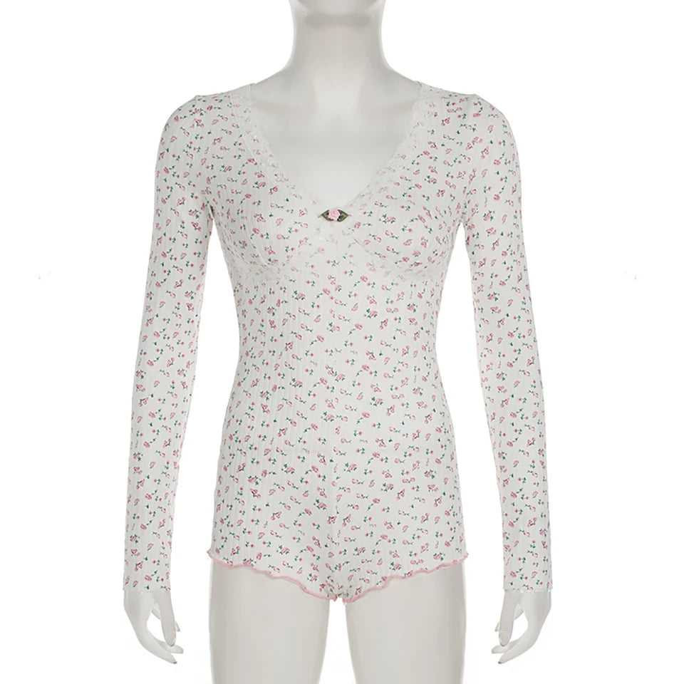 Floral Print V-neck Lace Trim Knitted Long Sleeve Cute Aesthetic Rompers