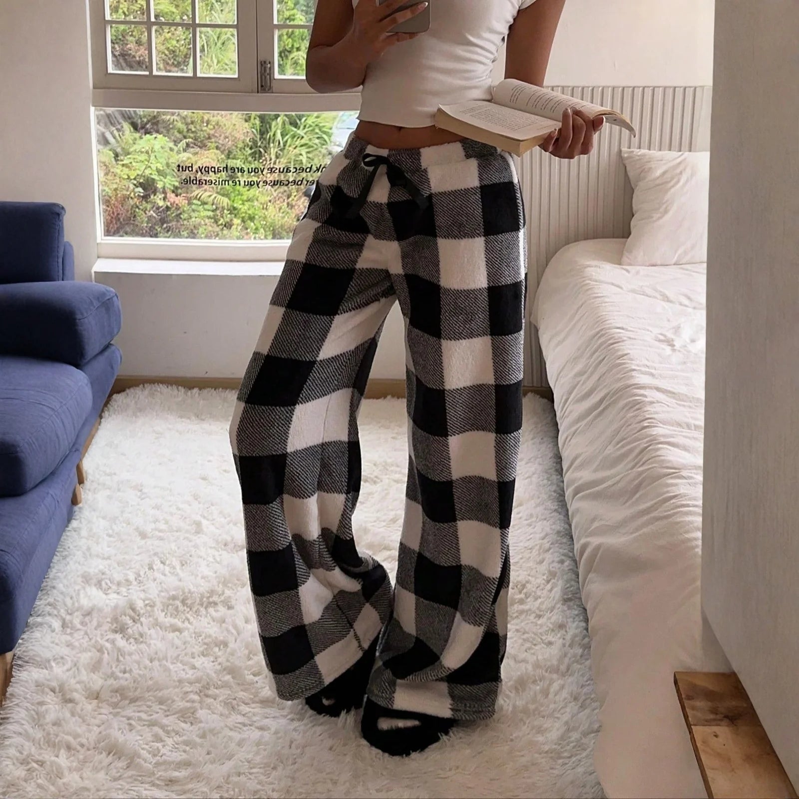 Plush Plaid Trousers Loose Elastic Bow Tie Plush Sleep Bottoms