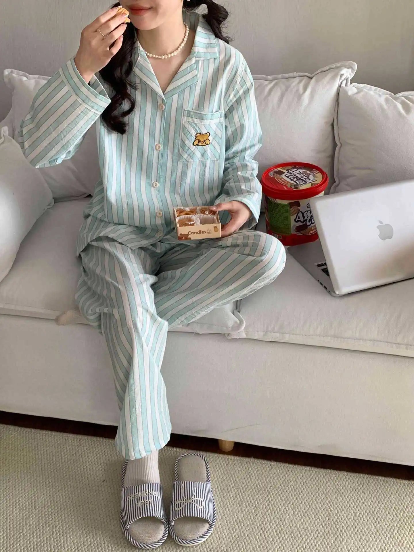 Japanese Style Women's Striped Pajama Set 100% Cotton Long Sleeve Long Pants Two Piece Set
