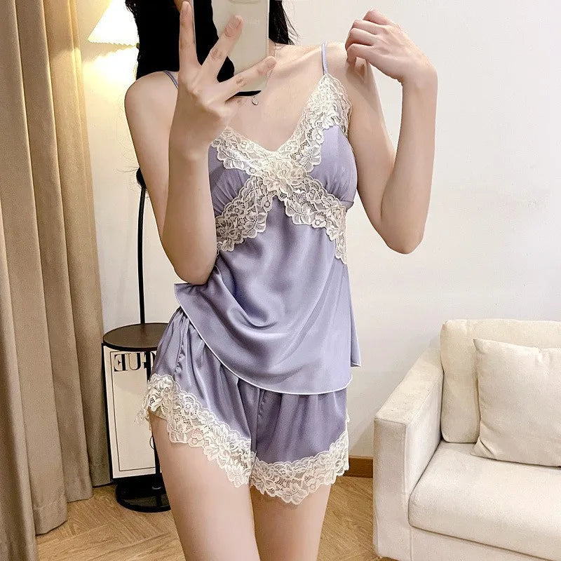 V Neck Spaghetti Strap Two Piece Sexy Satin Lace Trim Cami Top Shorts Lingerie