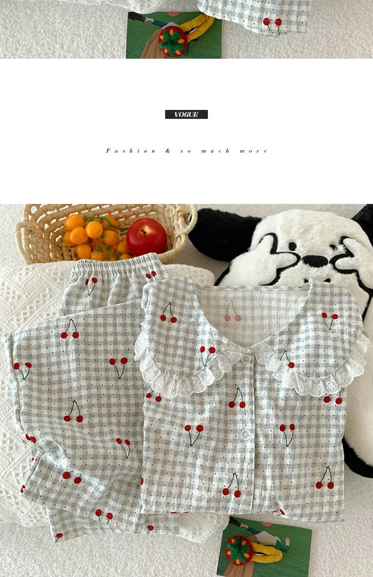 Spring Cloud-Print Cotton-Trimmed Collar Checked Sets