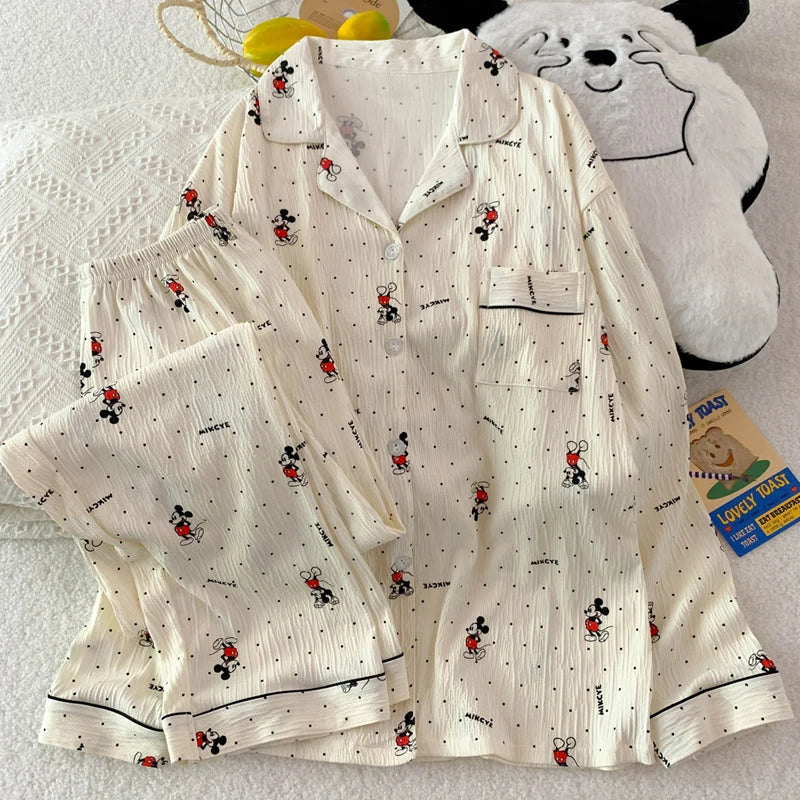 Disney Mickey and Pink Pig Cartoon Cute Pajamas Set Long Sleeve Sleepwear