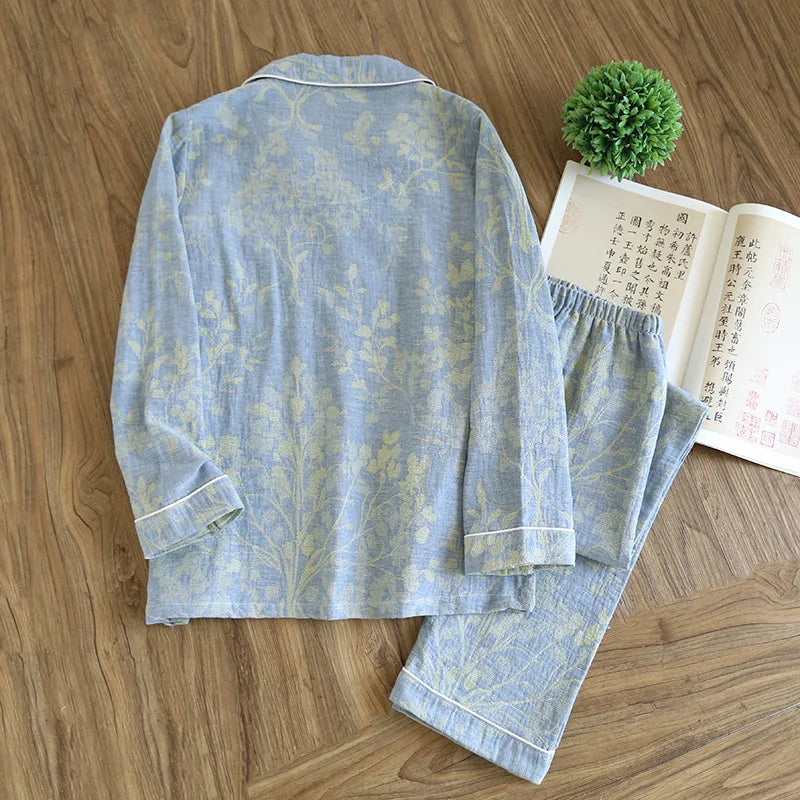 Spring 100% Cotton Gauze Retro Color Knitted Long Sleeve Two Piece Pajama Set