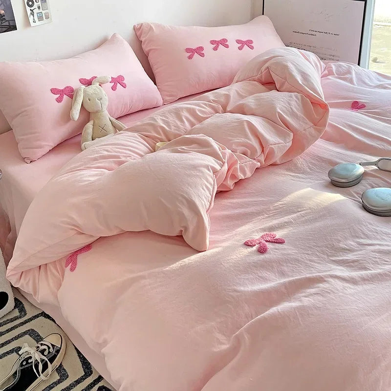 3D Embroidered Bow Quilt Set Cotton Pink Comfortable Soft Bedding