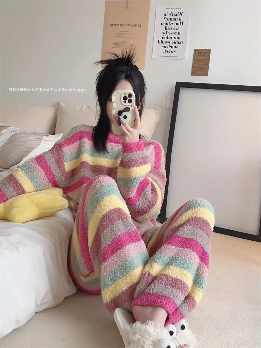 Cute Rainbow Pattern Simple Half-Fleece Warm Pajamas