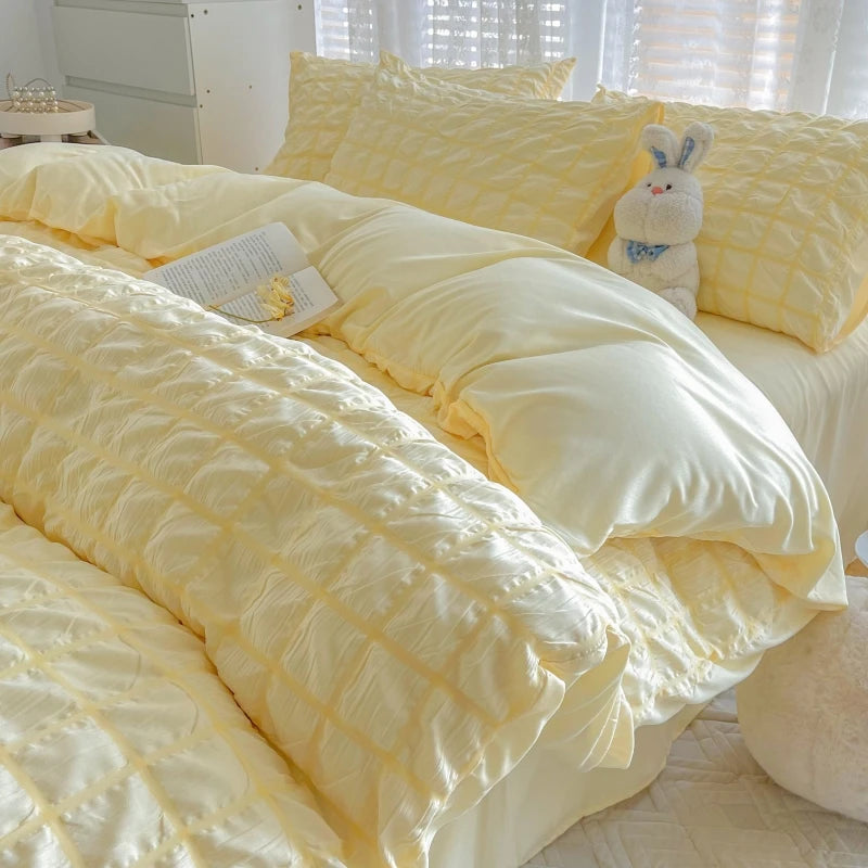 Puffy Check Bubble Fabric Set Duvet Pillowcase Bedding Sheet Quilt Cover Set