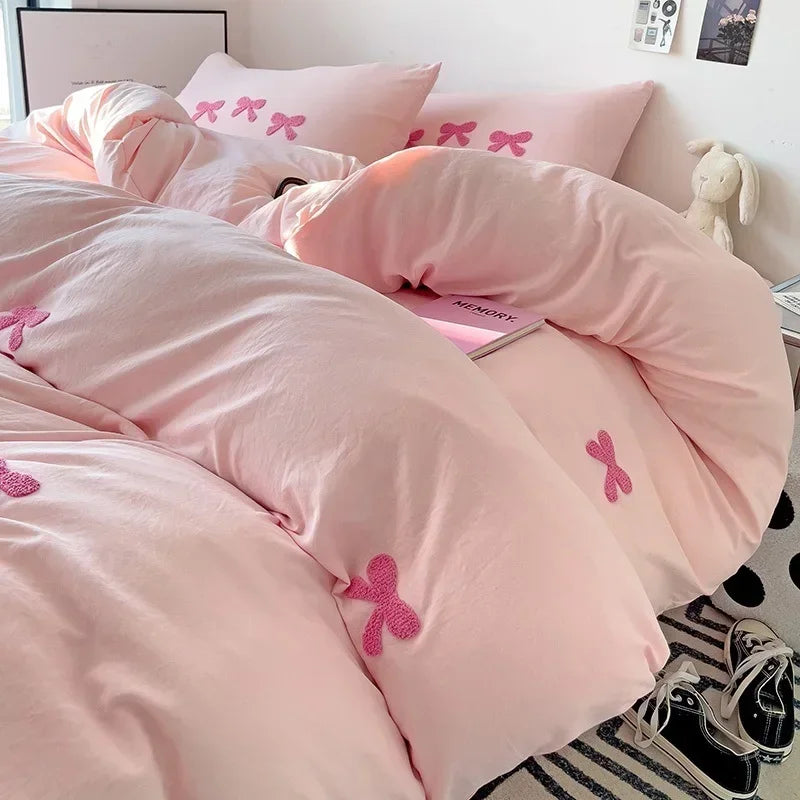 3D Embroidered Bow Quilt Set Cotton Pink Comfortable Soft Bedding