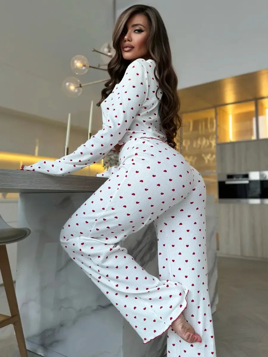 Y2K-Style Two-piece Cherry/Heart Print Cuffed-Long-Sleeve Tops and Long Trousers
