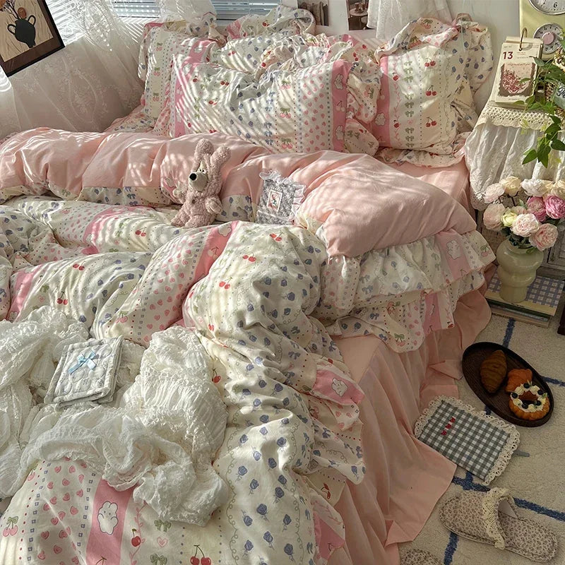 Princess Style Floral Ruffles Bedding Set Skin-friendly Soft Duvet Cover Set Bed Sheet Or Bed Skirt Pillowcases