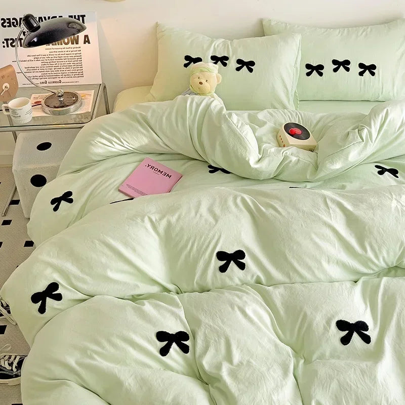 3D Embroidered Bow Quilt Set Cotton Pink Comfortable Soft Bedding