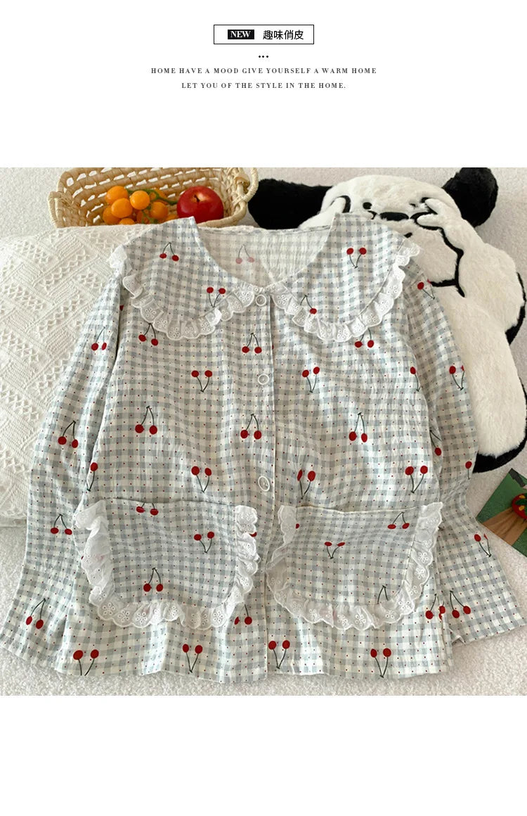 Spring Cloud-Print Cotton-Trimmed Collar Checked Sets