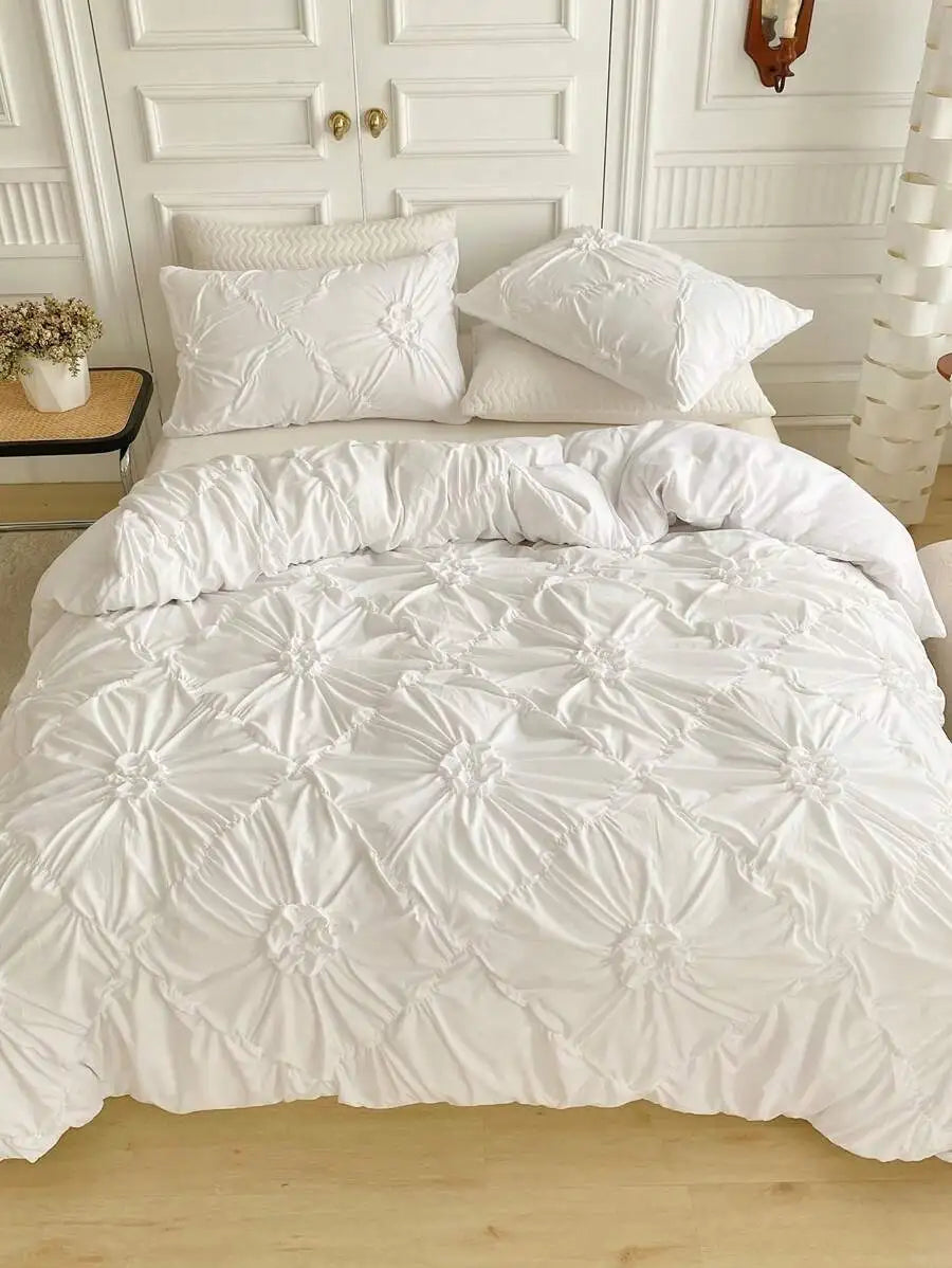 Ruched Flower Design Duvet Cover Set with Pillowcases Polyester Bedding for All Seasons