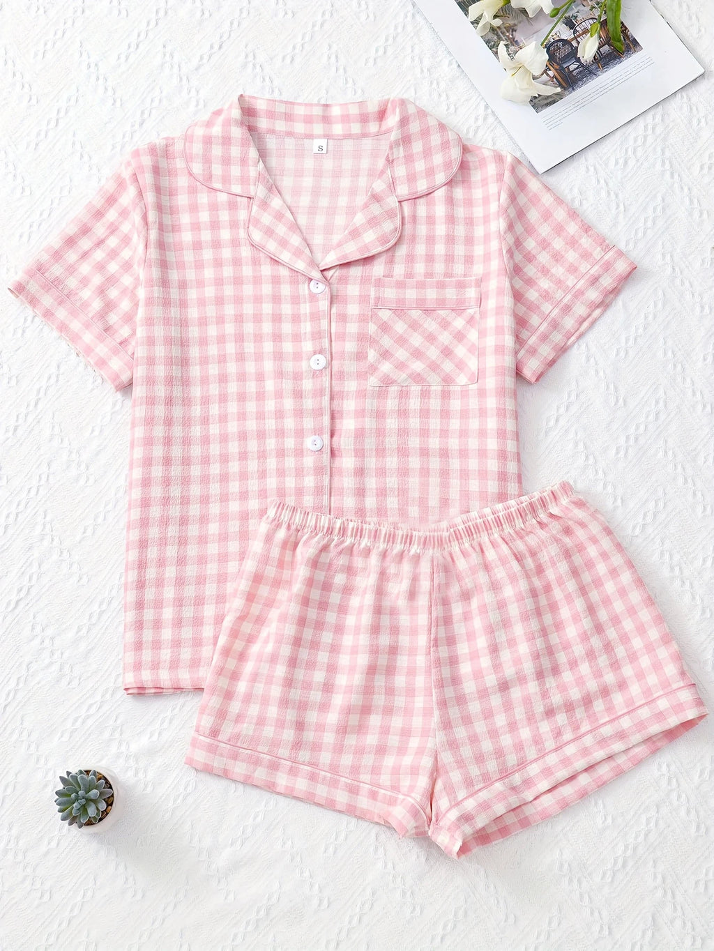 Ladies Plaid Print Casual Pajama Set Short Sleeve Collar Top and Shorts