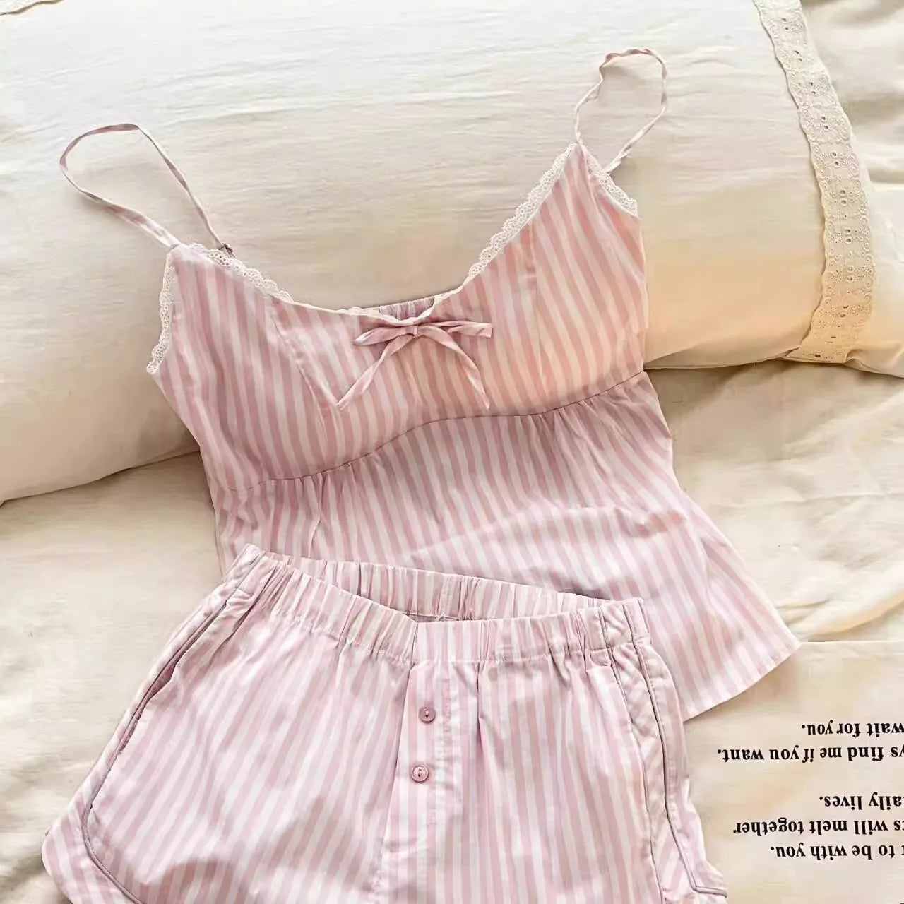 Cute Bow Sweet Striped Spaghetti Strap Top And Shorts Two-piece Pajamas Set