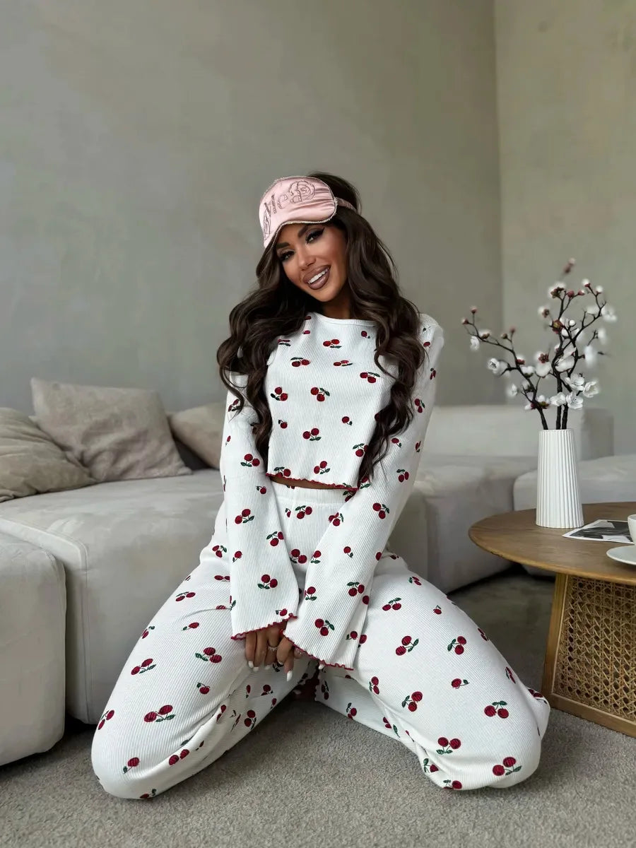 Y2K-Style Two-piece Cherry/Heart Print Cuffed-Long-Sleeve Tops and Long Trousers