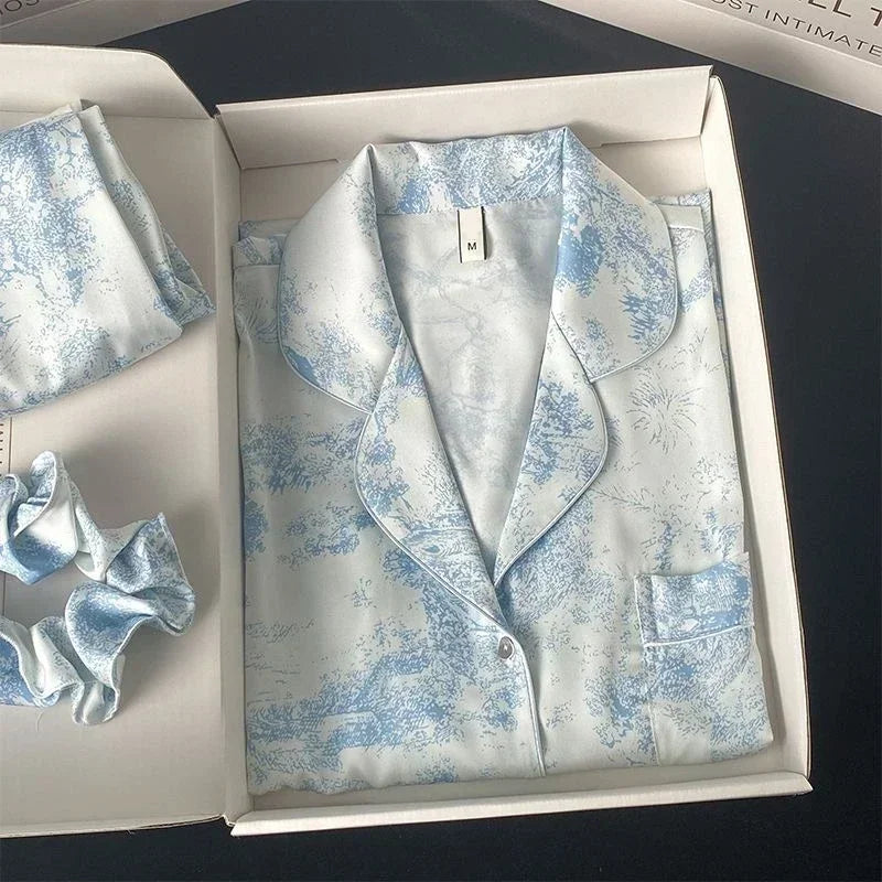 Ice Silk Women Pajama Lapel Button Cardigan Style