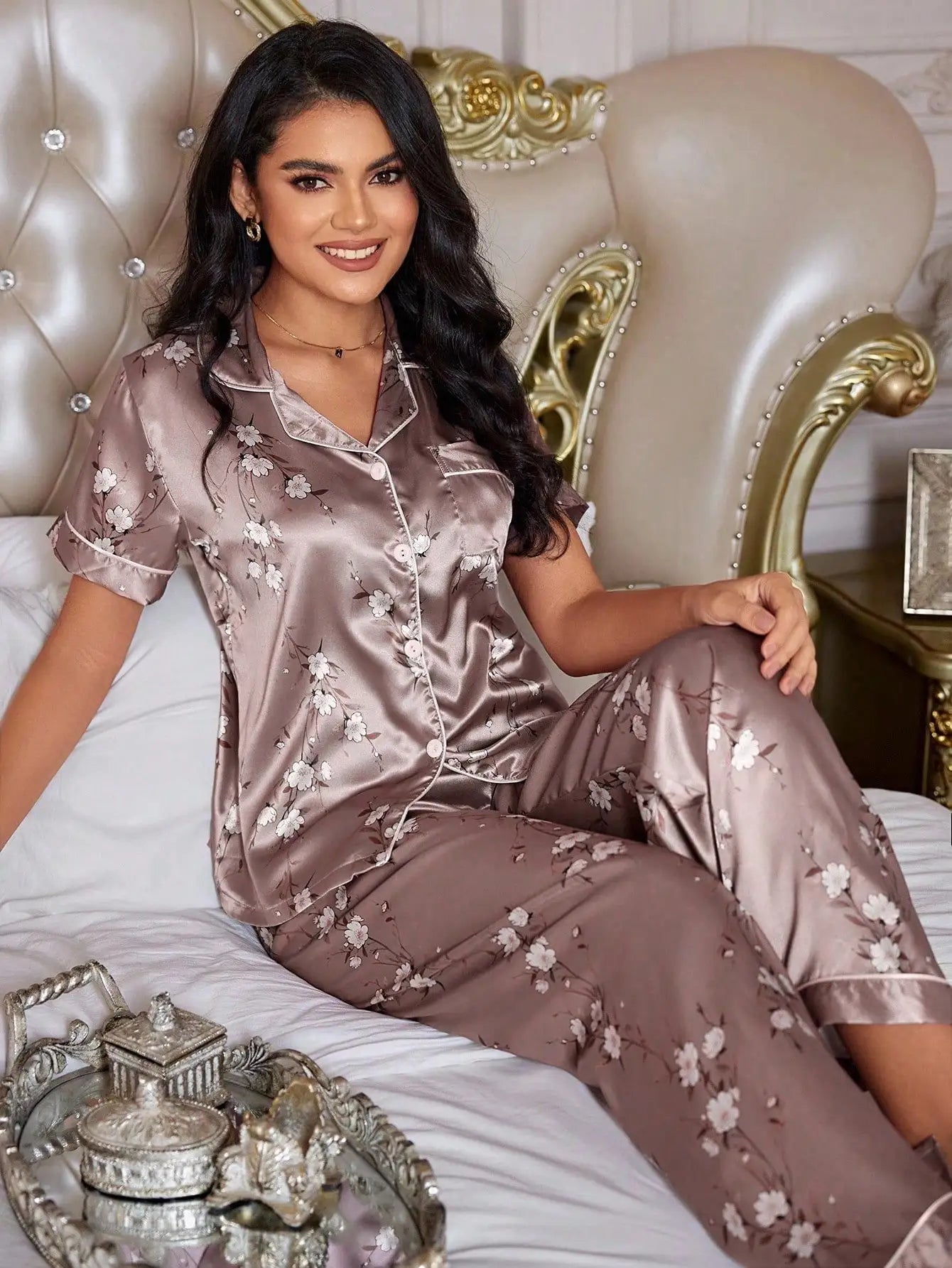 Elegant Floral Print Satin Pajama Set with Contrast Trim