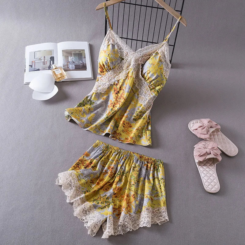 Silk Lace Sexy V-Neck 2 Pcs Set With Chest Pad Nightwear