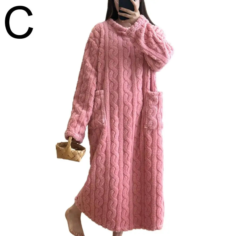 Velvet Women's Long Sleeve Double Pocket Flannel Loose Solid Sleepwear
