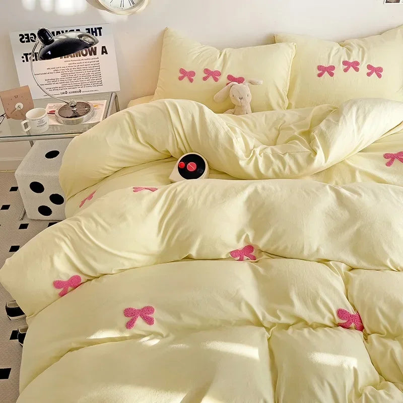 3D Embroidered Bow Quilt Set Cotton Pink Comfortable Soft Bedding