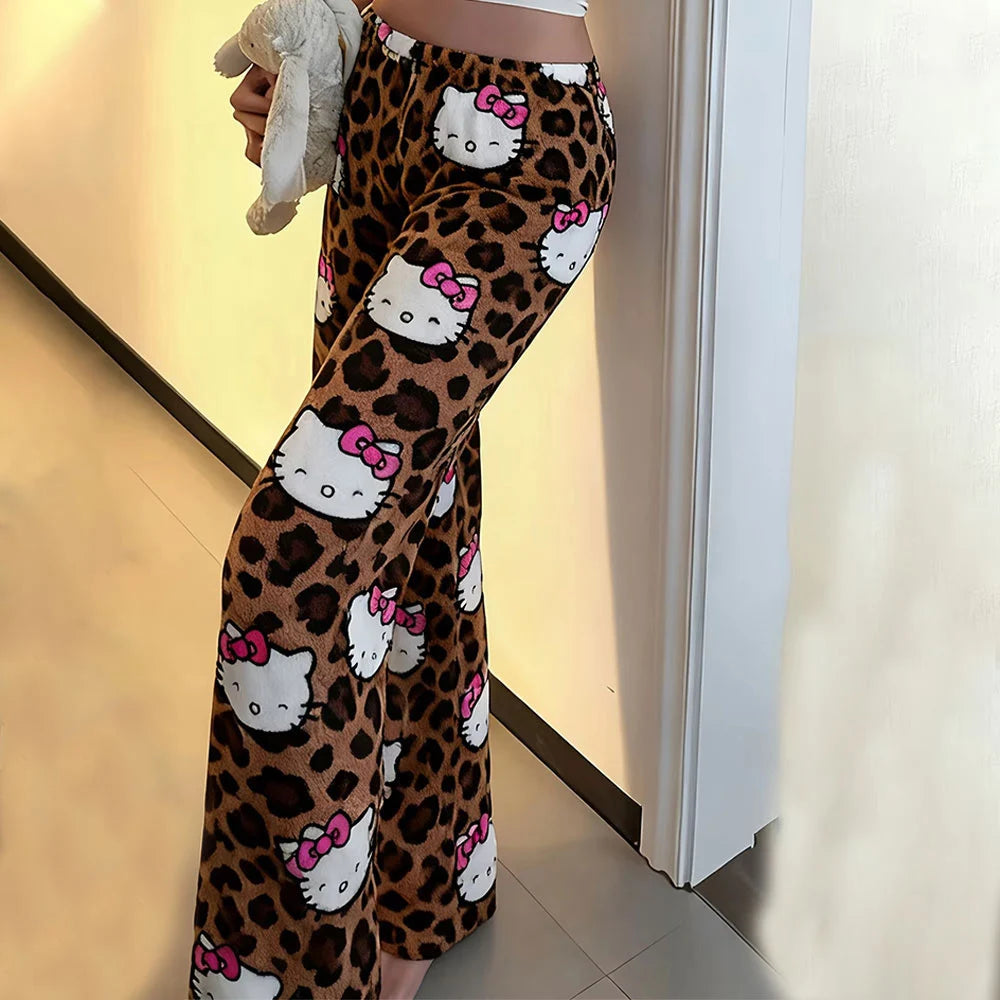 Y2K Leopard Print Pajamas Pants Anime Hello Kitty Sleepwear Trousers