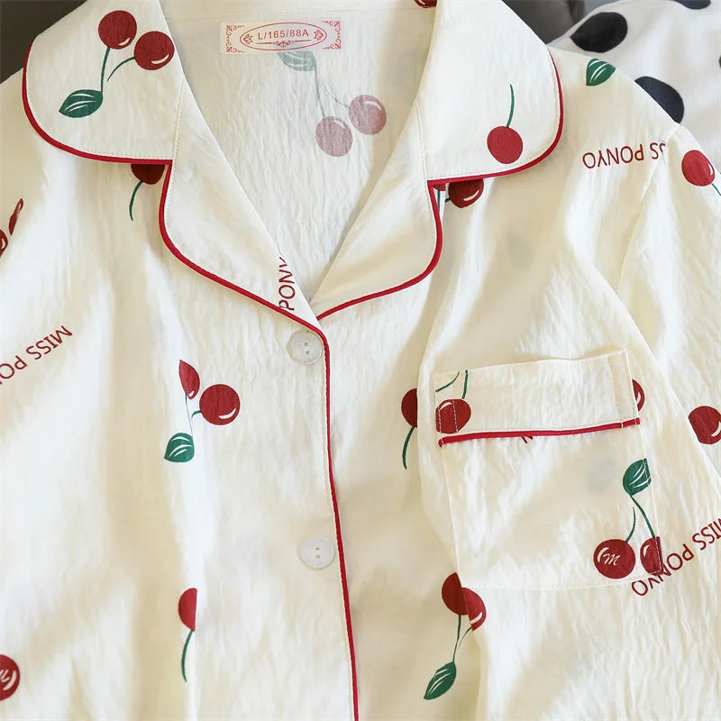 Cherries Print Two Pieces Cotton Pants and Top Set