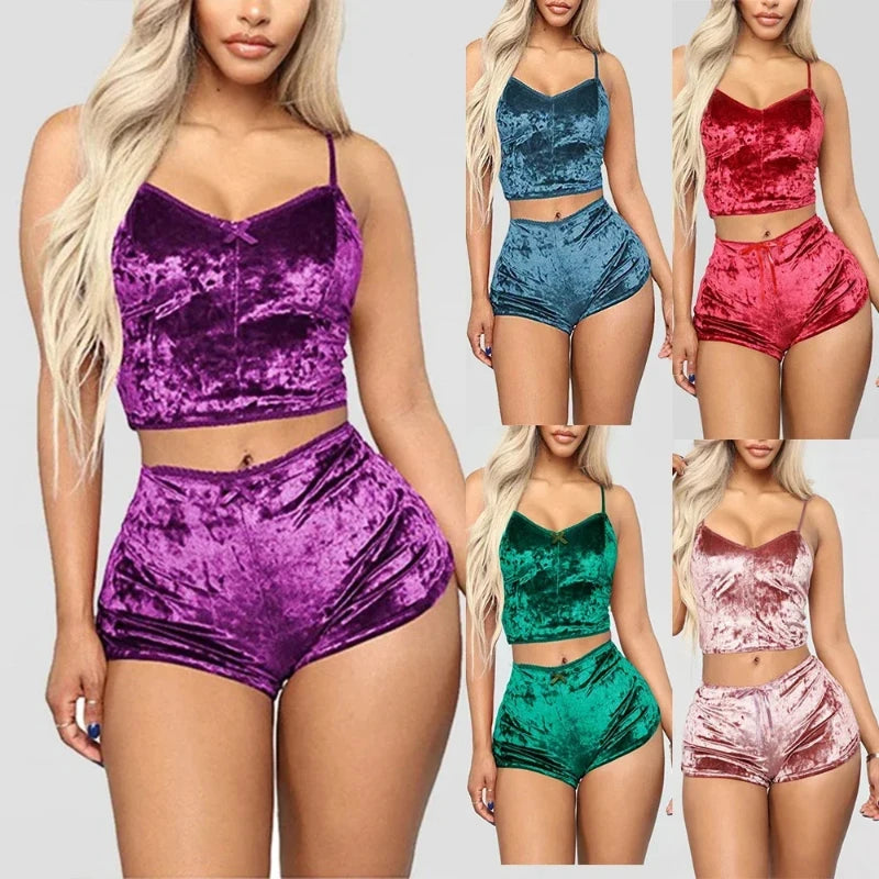 Velvet Polyester Comfortable V Neck Underwear Crop Top + Shorts Pajama Set