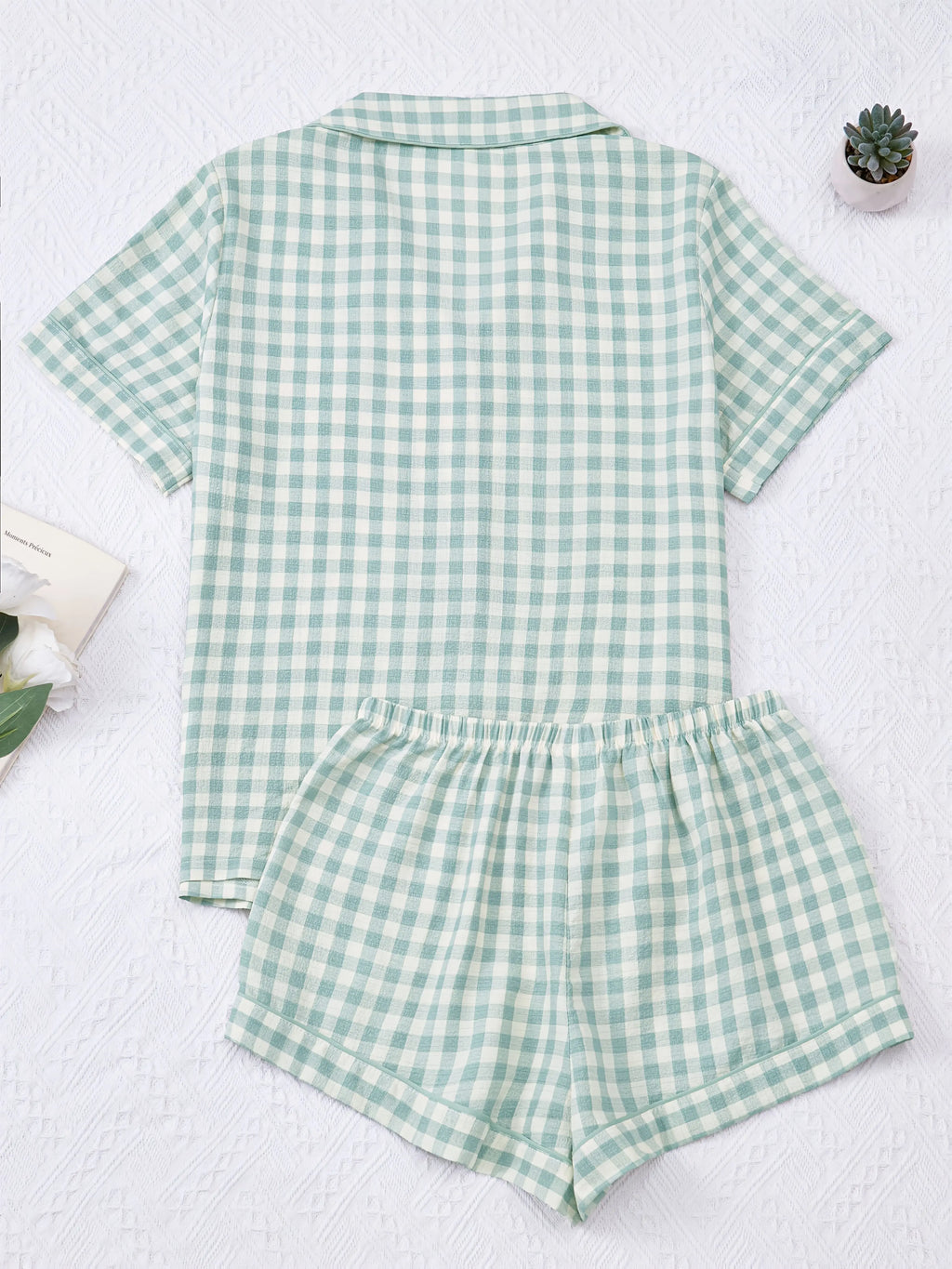 Ladies Plaid Print Casual Pajama Set Short Sleeve Collar Top and Shorts