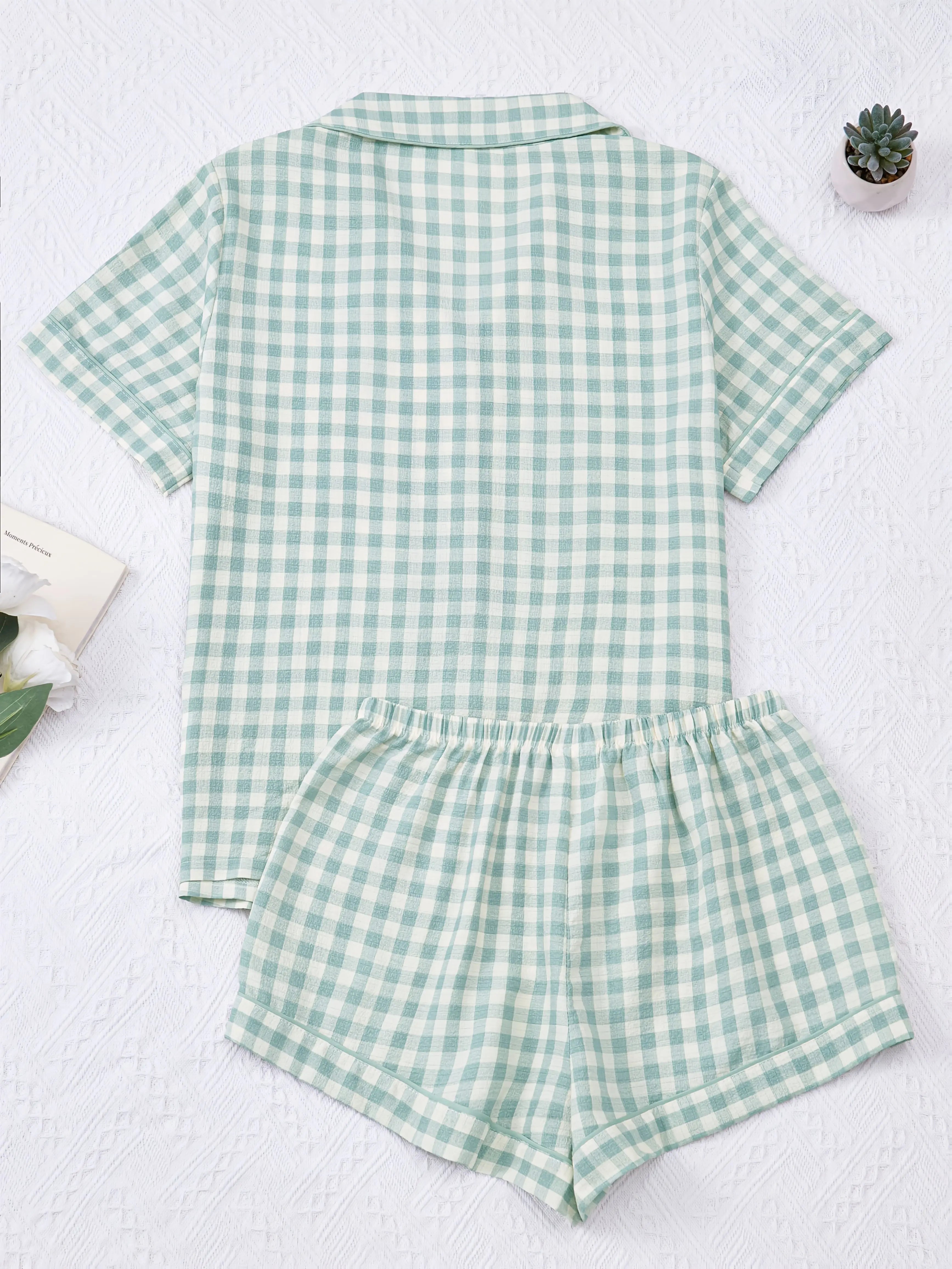 Ladies Plaid Print Casual Pajama Set Short Sleeve Collar Top and Shorts