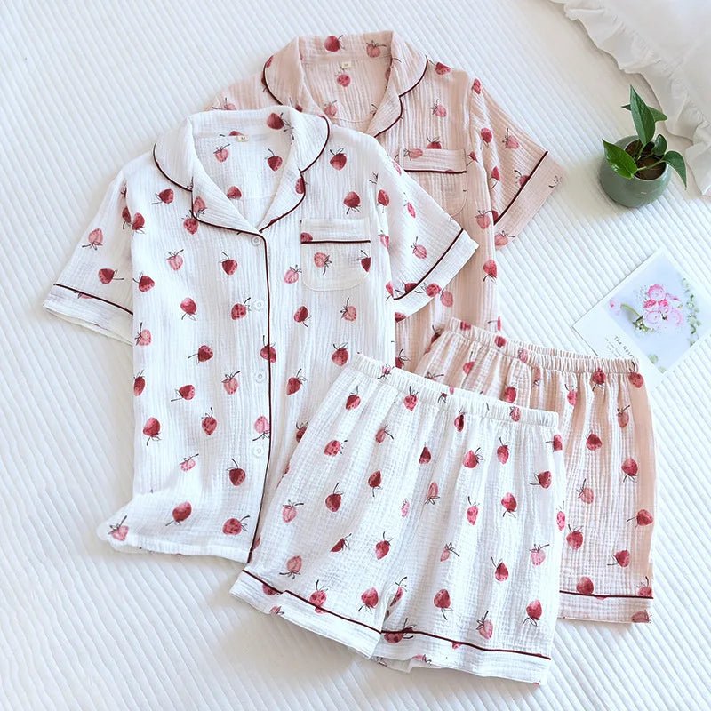 Japanese Short-sleeved Shorts Two-piece Ladies Cotton Crepe Cute Fresh Loose Set