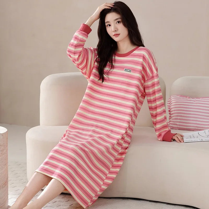 Long Sleeve Striped Loose Casual Crew Neck Nightdress