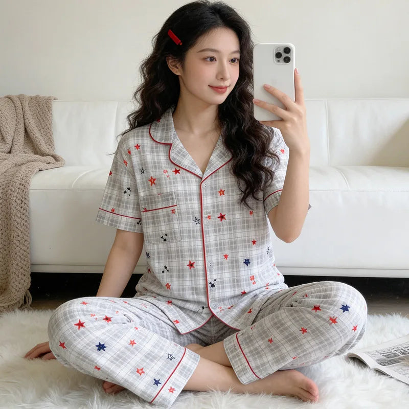Printed Star Cardigan with Sophisticated Short-Sleeve Top and Long Pants Homewear