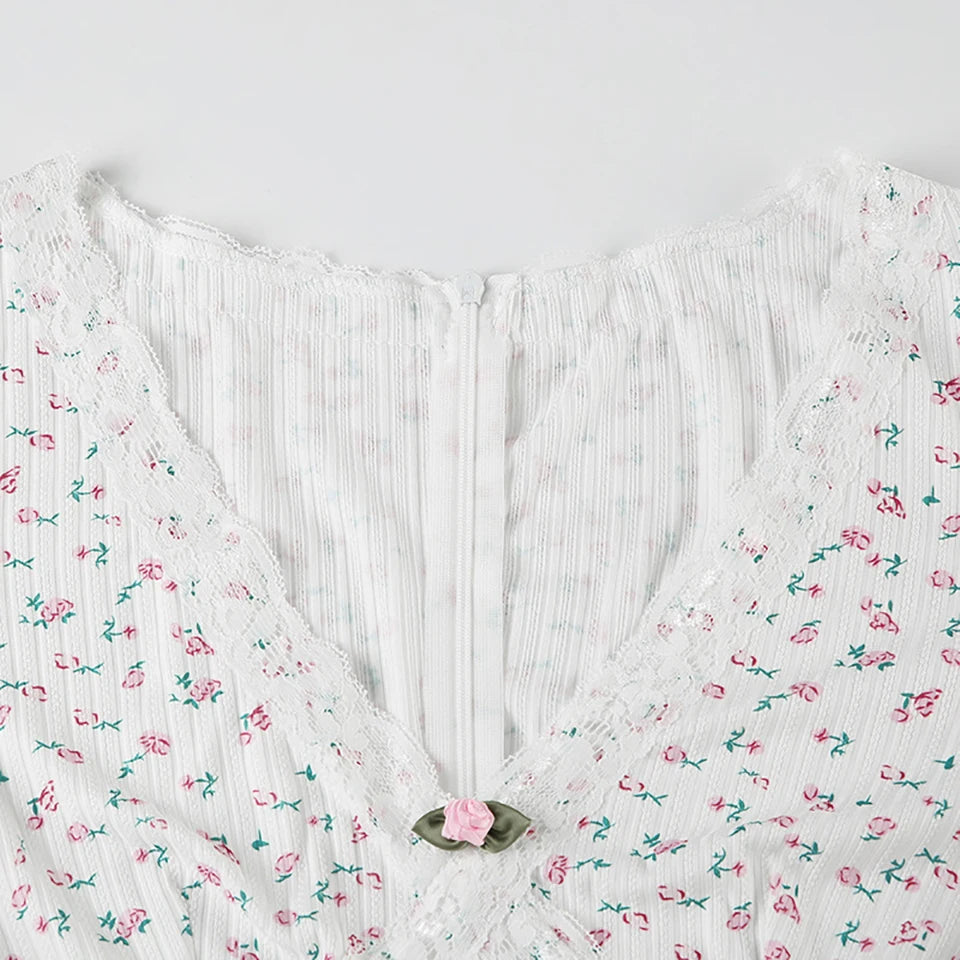 Floral Print V-neck Lace Trim Knitted Long Sleeve Cute Aesthetic Rompers