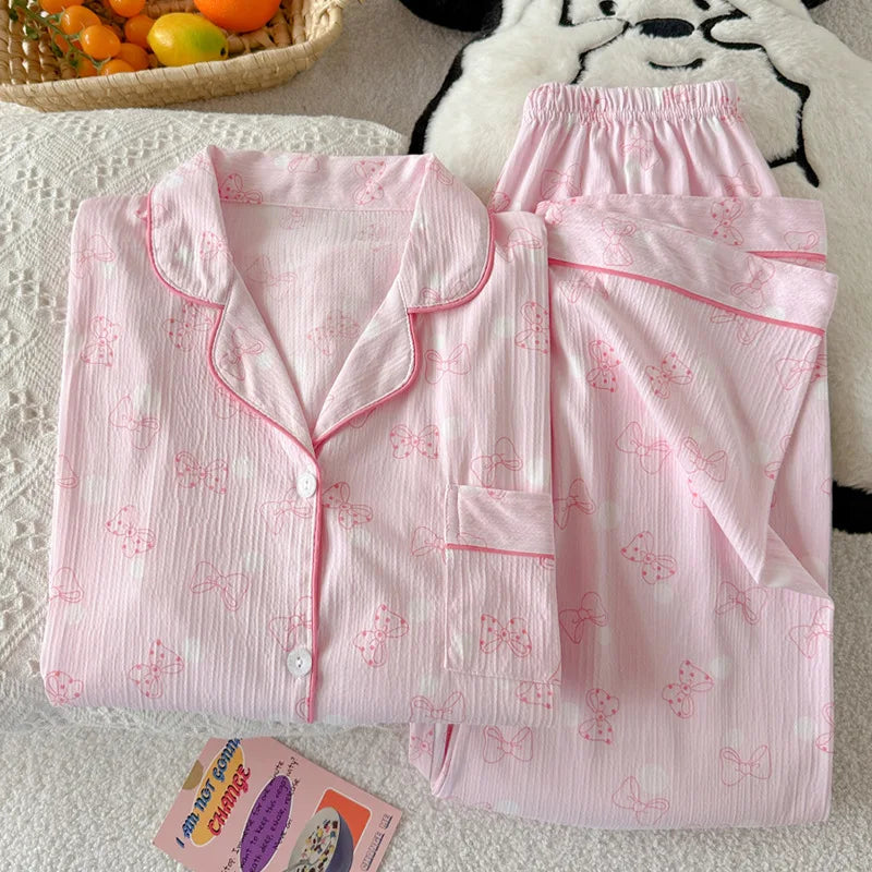 Women's Pink Bow Collar Loose Pajamas Long Sleeve Long Pants Set