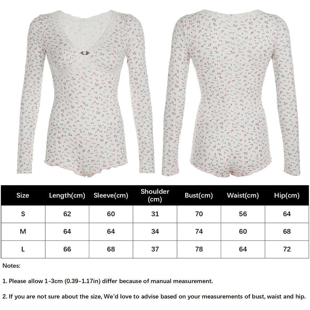 Floral Print V-neck Lace Trim Knitted Long Sleeve Cute Aesthetic Rompers