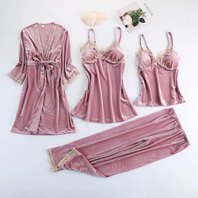 Lace Velvet 4 Pieces Women Warm Pajamas Sets With Pants Sexy Robe Sleepwear Sleeveless Nightwear