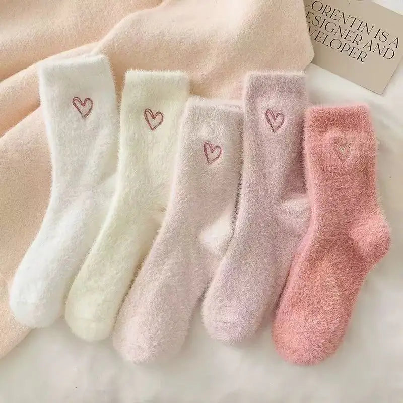 Thick Warm Fuzzy Double Heart Girls Mid-Calf Socks