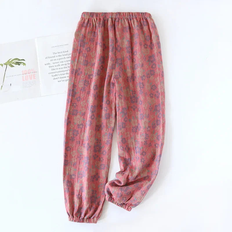 Jacquard Cute and Fresh Flower Pants 100% Cotton Loose Closing Home Pants