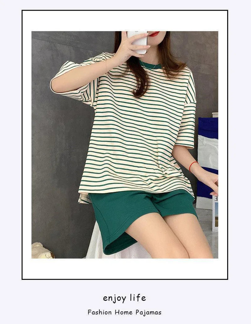 Oversized Women Striped Short Sleeve Shorts Two-piece with Self Chest Pads