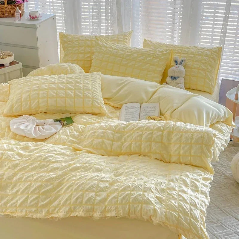Puffy Check Bubble Fabric Set Duvet Pillowcase Bedding Sheet Quilt Cover Set