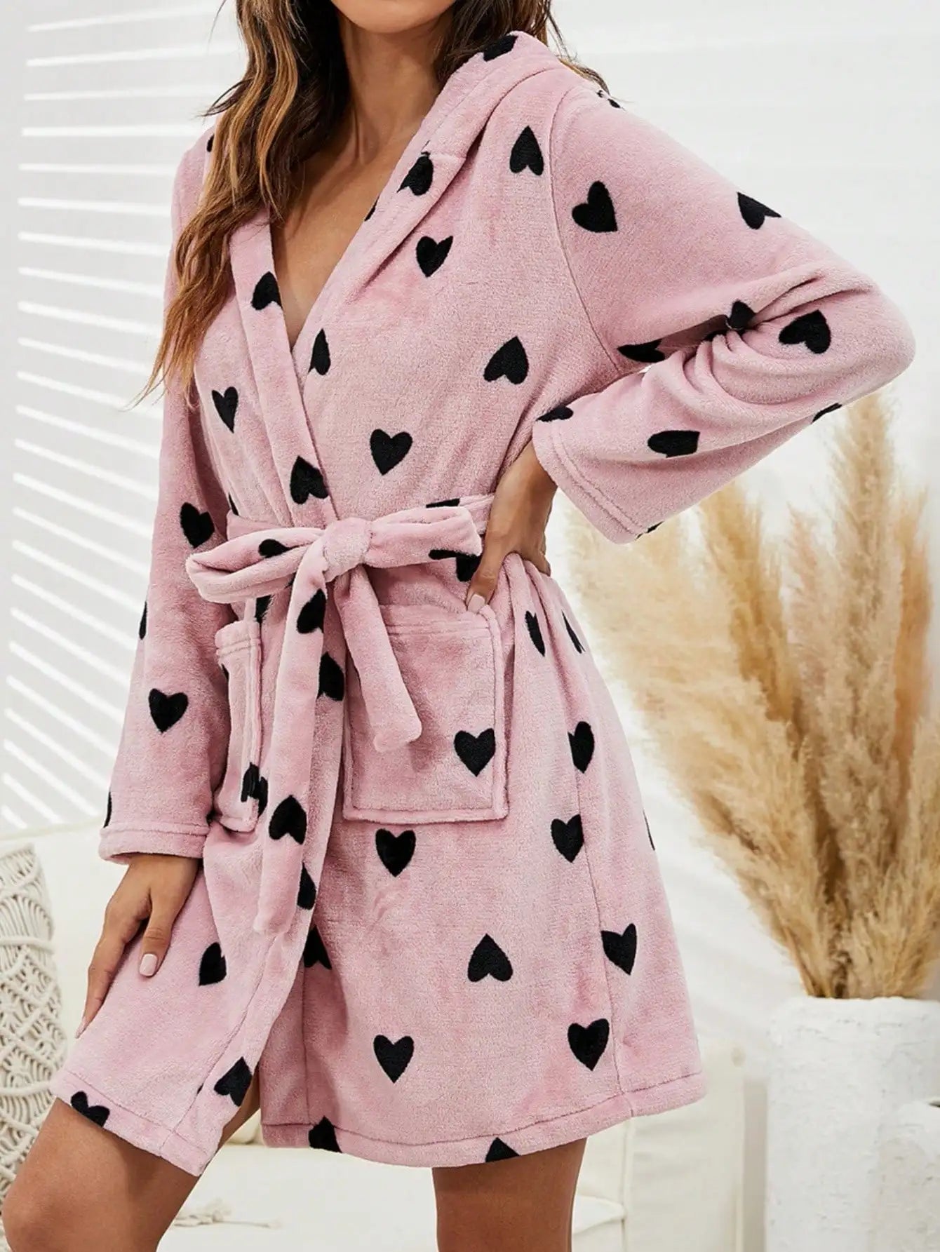 Love Print Flannel Thick Robe with Double-sided Fleece Long-sleeved