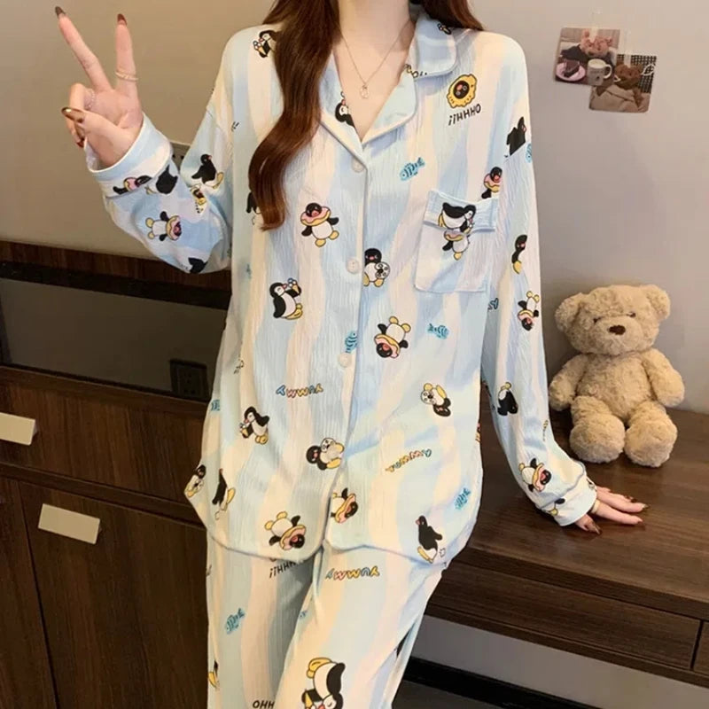Cartoon Cute Penguins Blue White Striped Milk Silk Sleepwear