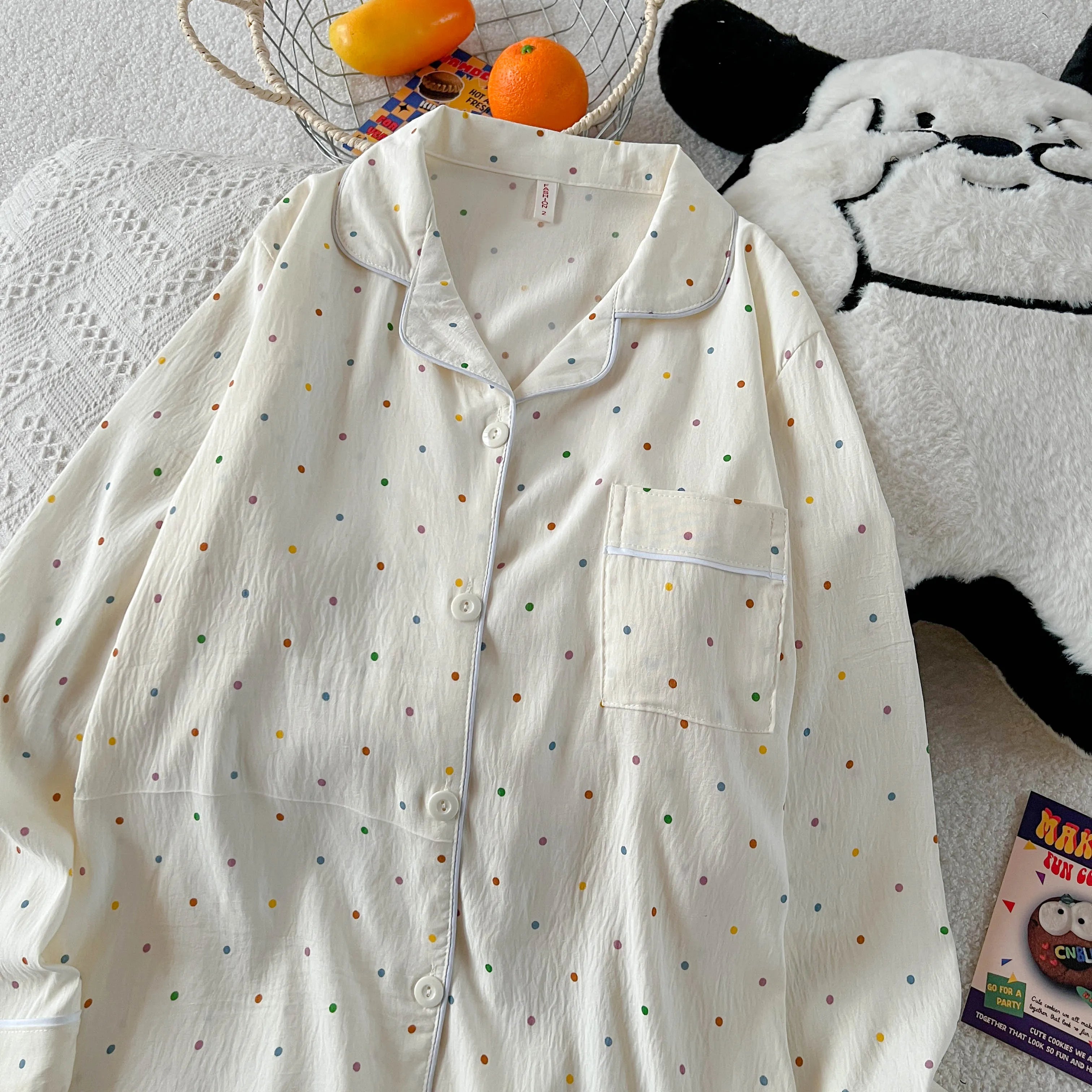 Polka Dot Print Women Pajamas Long 2 Piece Set