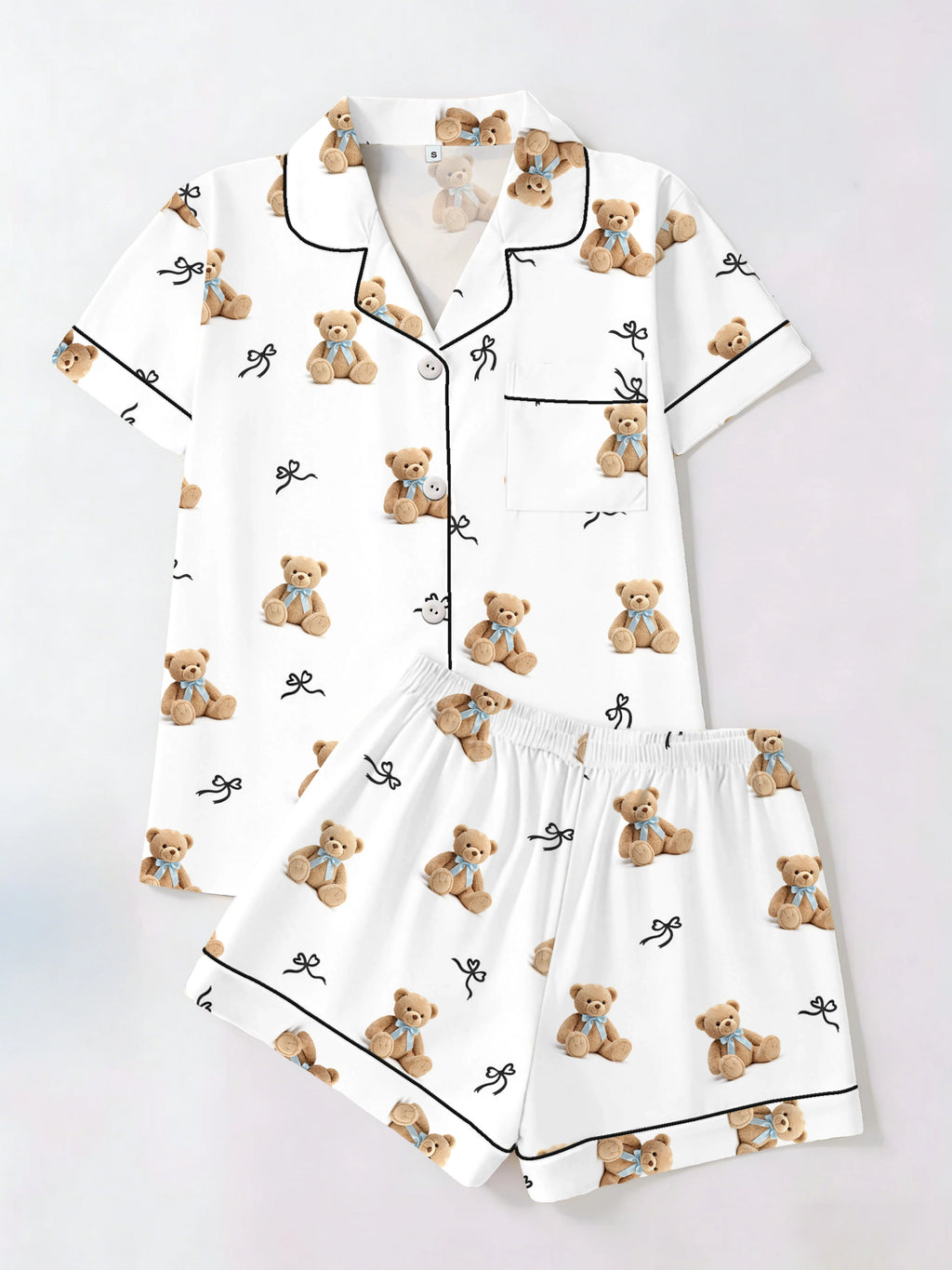 Short Sleeve Shorts Loungewear Cute Teddy Bear Print Black Bow Two Piece Set