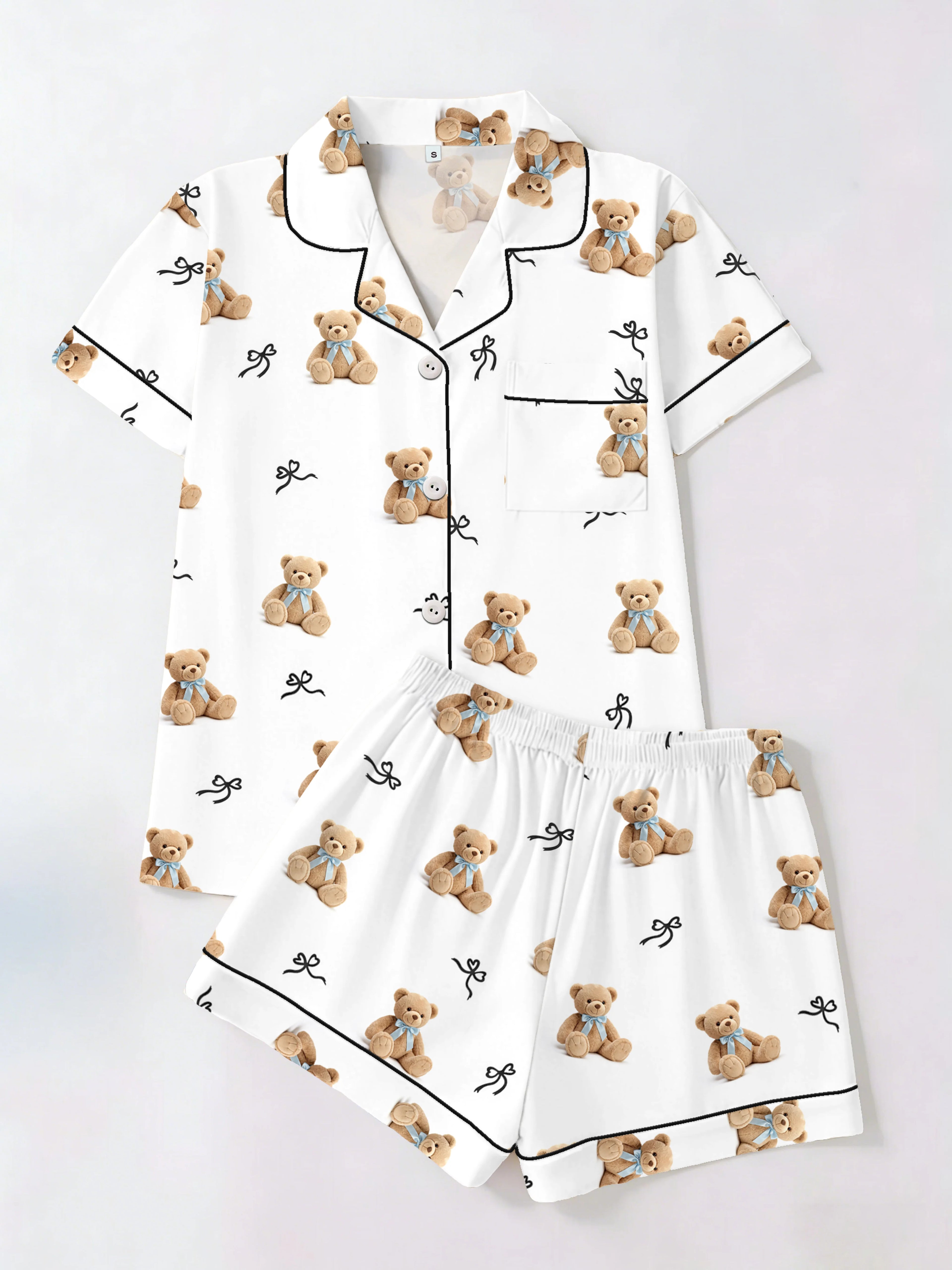 Short Sleeve Shorts Loungewear Cute Teddy Bear Print Black Bow Two Piece Set