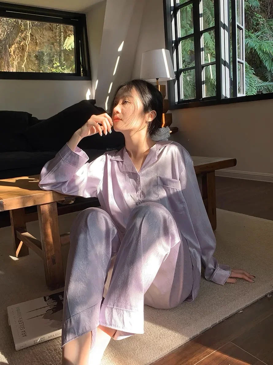 Women's Cardigan Two-pieces Set Silk Soft Sleepwear